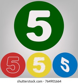 Number 5 sign design template element. Vector. 4 white styles of icon at 4 colored circles on light gray background.