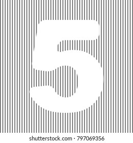 Number 5 sign design template element. Vector. White icon on grayish striped background. Optical illusion.