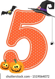 number 5 with smiling pumpkins and halloween design elements isolated on white background. can be used for nursery decoration or halloween paty invitation