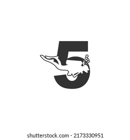 Number 5 and someone scuba, diving icon illustration template