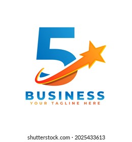 Number 5 with Star Swoosh Logo Design. Suitable for Start up, Logistic, Business Logo Template