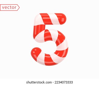 Número 5. Número Tres signo blanco entrelazado con cinta roja. 3d Numeral como Candy Cane al estilo de las caricaturas. Objeto brillante realista aislado en el fondo blanco. Ilustración vectorial de símbolos 3D