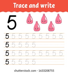 Number 5. Trace and write. Handwriting practice. Learning numbers for kids. Education developing worksheet. Color activity page. Isolated vector illustration in cute cartoon style.