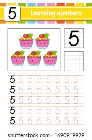 Number 5. Trace And Write. Handwriting Practice. Learning Numbers For Kids. Education Developing Worksheet. Activity Page. Isolated Vector Illustration In Cute Cartoon Style.