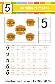 Number 5. Trace and write. Handwriting practice. Learning numbers for kids. Education developing worksheet. Activity page. Isolated vector illustration in cute cartoon style.