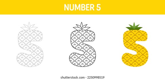 Number 5 tracing and coloring worksheet for kids
