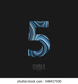 Number 5. Typographic vector element for design. Part of curly textured alphabet with marble or acrylic imitation. Digit five with diffusion lines swirly pattern. Vector illustration