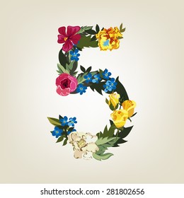 Number 5, Vector Colorful Flower Font For Your Design.