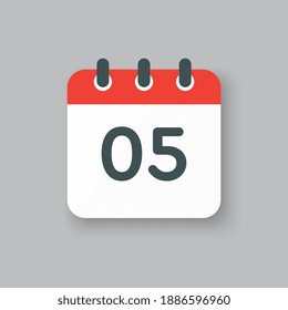 Number 5 - vector icon calendar days. 5th day of the month. Illustration flat style. Date of week, month, year Sunday, Monday, Tuesday, Wednesday, Thursday, Friday, Saturday. Holiday calendare date