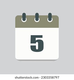 Number 5 - vector icon calendar days. 5th day of the month. Illustration flat style. Date of week, month, year Sunday, Monday, Tuesday, Wednesday, Thursday, Friday, Saturday. Holiday calendare date