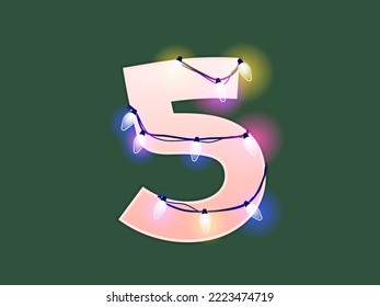 Number 5 vector illustration. Digits with glowing Christmas lights and bulbs. Counting figure for decoration. Festive set in playful style. Glowing five sign