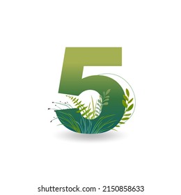 Number 5 vector illustration with twigs, leaves and grass. Natural style.