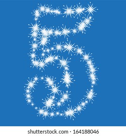 Number 5, from white snowflakes on blue background, vector font, alphabet, numbers, see the whole set in my portfolio