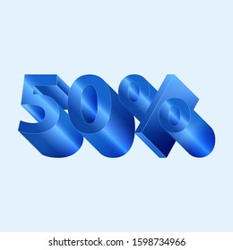 Number 50%. Blue 3D metal digit with a halftone effect.