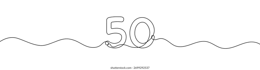 Number 50 continuous line vector illustration. Minimalist monoline drawing style for birthday, anniversary, or milestone celebration design.