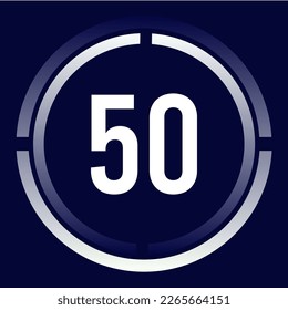 Number 50 design for business, print, books, movies, time-counting, companies in white, blue and blue gradient colors with half circles.