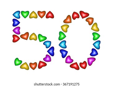 Number 50 made of multicolored hearts on white background