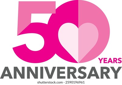 The number 50 is pink, with a heart inside the zero and the word anniversary in gray at the bottom.