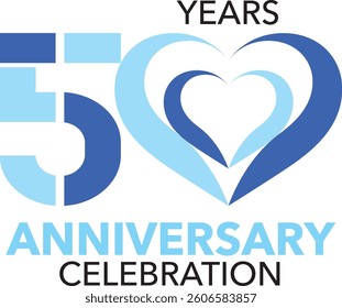 The number 50 is sky blue and blue with two heart shaped stripes for the anniversary celebration with the word years anniversary celebration.