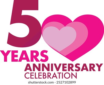 number of 50 years anniversary celebration logo style in pink monochrome color with pink heart shape, isolated on white background.