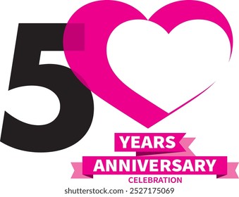 number of 50 years anniversary celebration logo style in black and pink heart shape, isolated on white background.