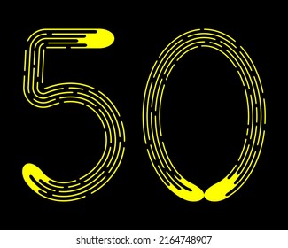 Número 50 de líneas punteadas amarillas aisladas en fondo negro. Elemento de diseño. Ilustración del vector