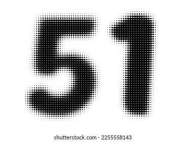 Number 51 Halftone. Pop art style. Design for web banners, wallpaper. Abstract Halftone Dotted Number. Dotted vector illustration isolated on a white background. Hexagon Dot.
