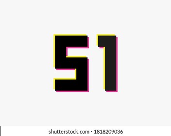 Number 51 vector desing logo. Dynamic, split-color, shadow of  number pink and yellow on white background. For social media,design elements, creative poster, anniversary celebration, greeting and web 