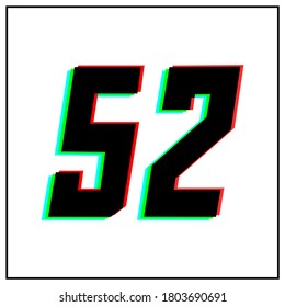 Number 52, fifty two vector desing logo.Dynamic, split-color, shadow of  number red, green, blue in black frame on white background.