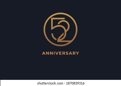 Number 52 logo, gold line circle with number inside, usable for anniversary and invitation, golden number design template, vector illustration