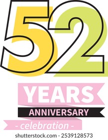 número 52 anos aniversário estilo logotipo linha preta com amarelo e verde limão cor, isolado no fundo branco.