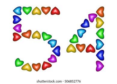 Number 54 of colorful hearts on white. Symbol for happy birthday, event, invitation, greeting card, award, ceremony. Holiday anniversary sign. Multicolored icon. Fifty four in rainbow colors. Vector