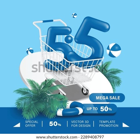 Number 5.5 blue 3D in shopping cart and there are coconut trees, lifebuoys and mega sale promotion sign with 50% discount on front,vector for Fifth day of fifth month promotion and summer sale concept