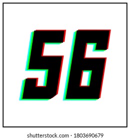 Number 56, fifty six vector desing logo.Dynamic, split-color, shadow of  number red, green, blue in black frame on white background.