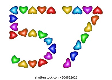 Number 57 of colorful hearts on white. Symbol for happy birthday, event, invitation, greeting card, award, ceremony. Holiday anniversary sign. Multicolored icon. Fifty seven in rainbow colors. Vector