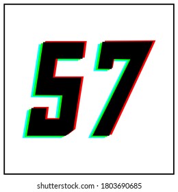 Number 57, fifty seven vector desing logo.Dynamic, split-color, shadow of  number red, green, blue in black frame on white background.