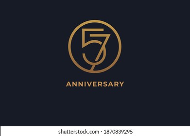 Number 57 logo, gold line circle with number inside, usable for anniversary and invitation, golden number design template, vector illustration