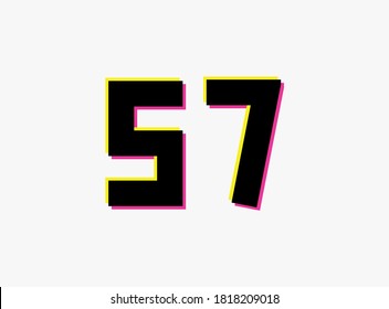 Number 57 vector desing logo. Dynamic, split-color, shadow of  number pink and yellow on white background. For social media,design elements, creative poster, anniversary celebration, greeting and web 