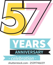 number 57 years anniversary celebration logo style black line with yellow and pink color, isolated on white background.