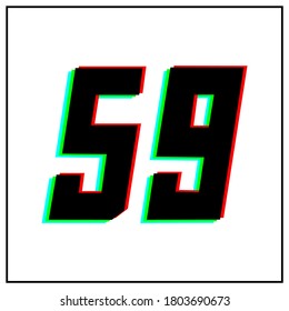 Número 59, cincuenta y nueve logotipo de diseño vectorial.Dinámico, de dos colores, sombra de rojo número, verde, azul en marco negro sobre fondo blanco.