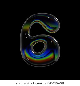 Numéro 6, bulle 3d numéro 6. Forme gonflée de verre holographique avec effet de dispersion arc-en-ciel. Signe de rendu d'Image vectorielle isolé pour la typographie futuriste Y2K et les projets de conception de polices modernes