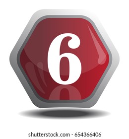 Number 6 in 3D Glossy red Button for web Icon