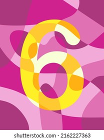 Nummer 6 der abstrakten, glatten, abgerundeten Formen. Kontrastgelbe Zahl auf rosafarbenem Hintergrund. Vektorgrafik