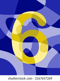 Number 6 of abstract smooth rounded shapes. Contrasting yellow number on a blue background. Vector illustration