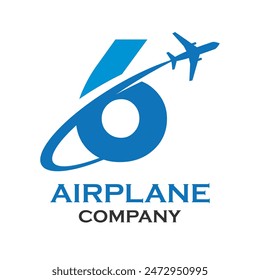 Number 6 with airplane logo template illustration. suitable for transportation, brand, travel, agency, web, label, network, marketing etc