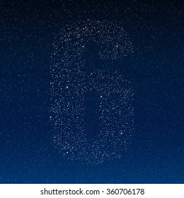 Number 6 alphabet with shiny stars, glitters, dots, points dark blue night sky. Numbers for party, birthday, anniversary or festive. Figure shining font, type, typeset of sparkles. Vector template.