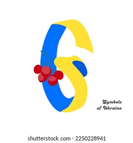 Number 6 from a blue-yellow ribbon with a red bunch of viburnum. Curly ribbon decorative font. Traditional symbols of Ukraine.
