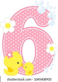 number 6 with bubbles and cute rubber duck isolated on white. can be used for baby girl birth announcements, nursery decoration, party theme or birthday invitation. Design for baby girl