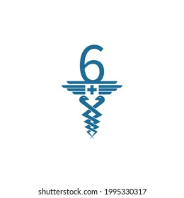 Number 6 with caduceus icon logo design vector template