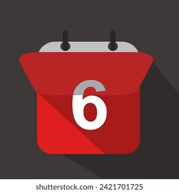 Number 6 calendar flat icon with inverted page isolated on black background with shadows.Vector illustration.